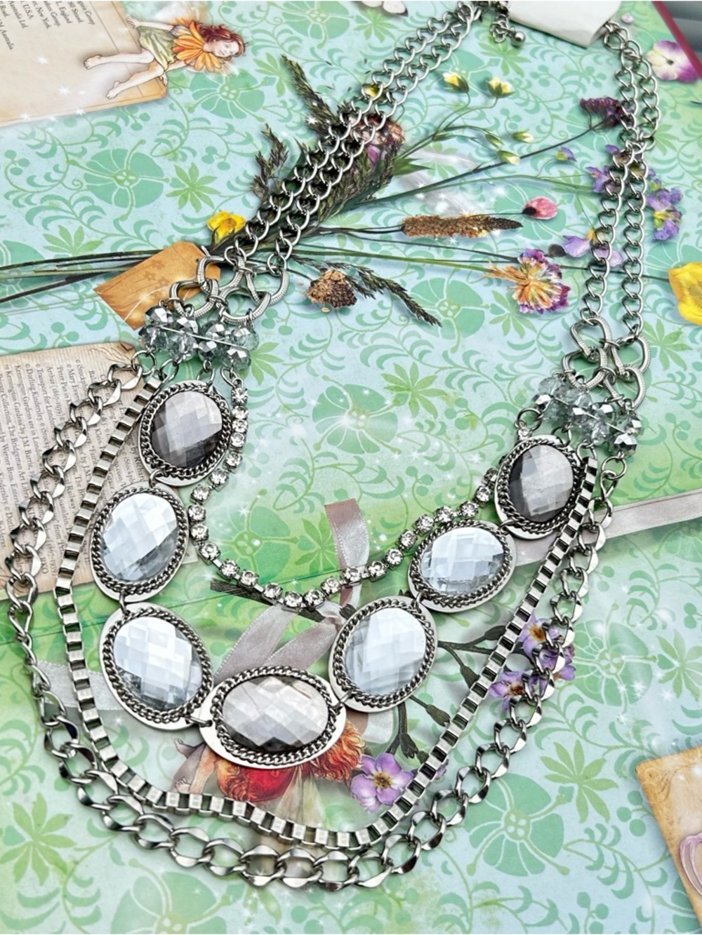 Silver Multi-Chain Statement Necklace with Faceted White Gemstones